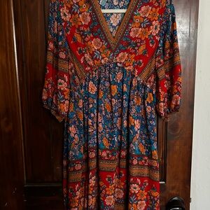 Floral V-Neck Red Dress